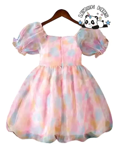LEZONKIDS - Vestido de Organza de alta qualidade com decote quadrado, mangas curtas bufantes e bainha ampla para meninas